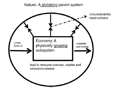 The linear economic model - the graphic shows a shrinking parent system encompassing a growing economy within which there is a linear flow of materials and energy 
