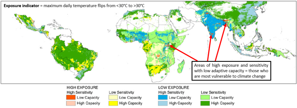 Climate vulnerability mapping study by Ericksen et al., (2011) covering a range of countries in Asia, Africa, and South and Central America. The map displays areas of high and low exposure, sensitivity, and adaptive capacity mapped together to determine the vulnerability of an area. Arrows on the map point out areas where high exposure and sensitivity coincide with areas of low adaptive capacity.